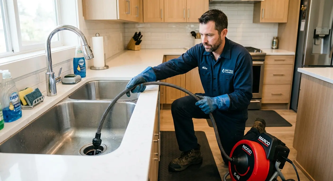 Drain cleaning technician using a motorized snake on a kitchen sink in Waimea