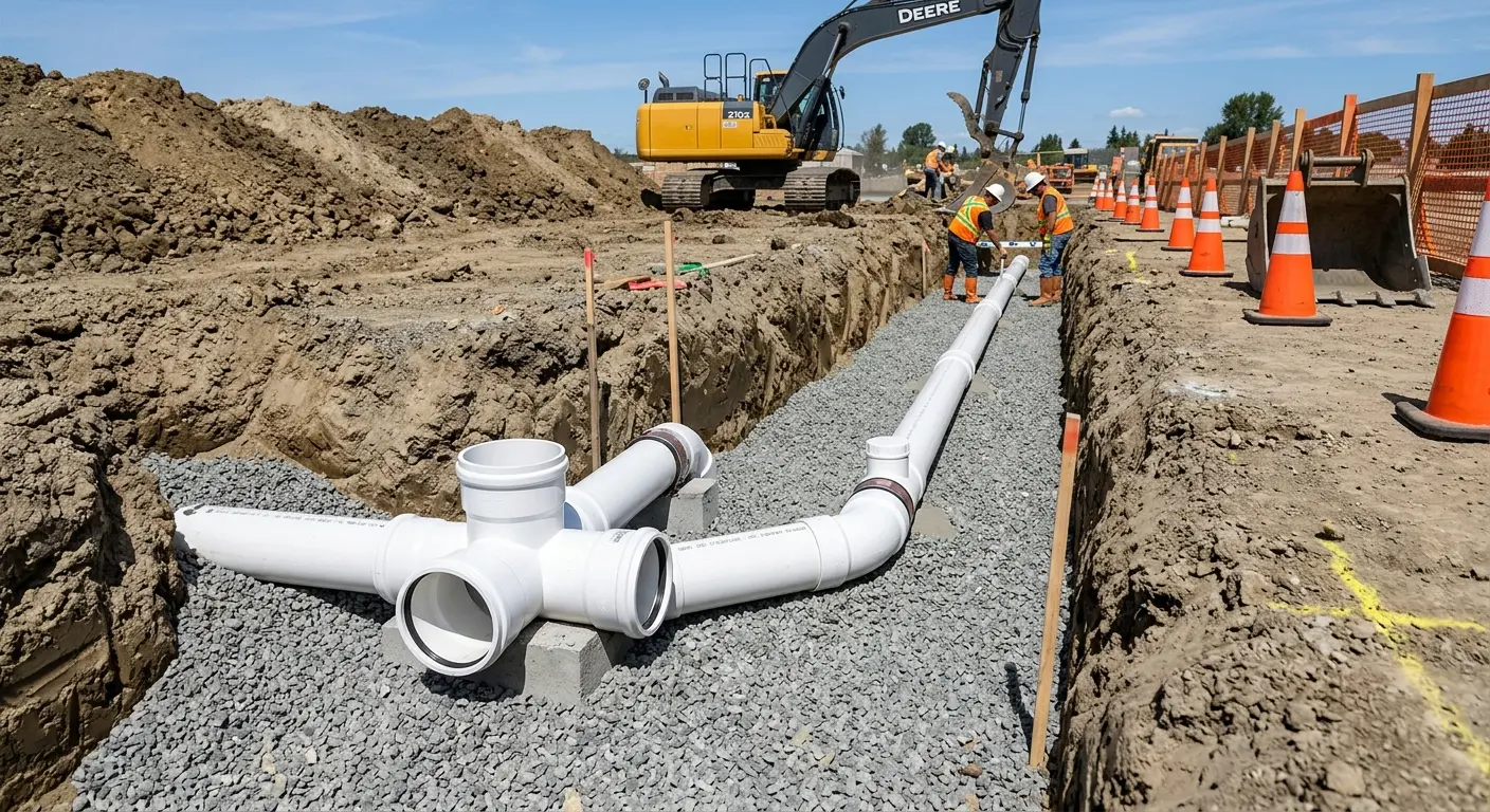 New PVC sewer pipe installation in open trench for Sewer Backup in Waimea