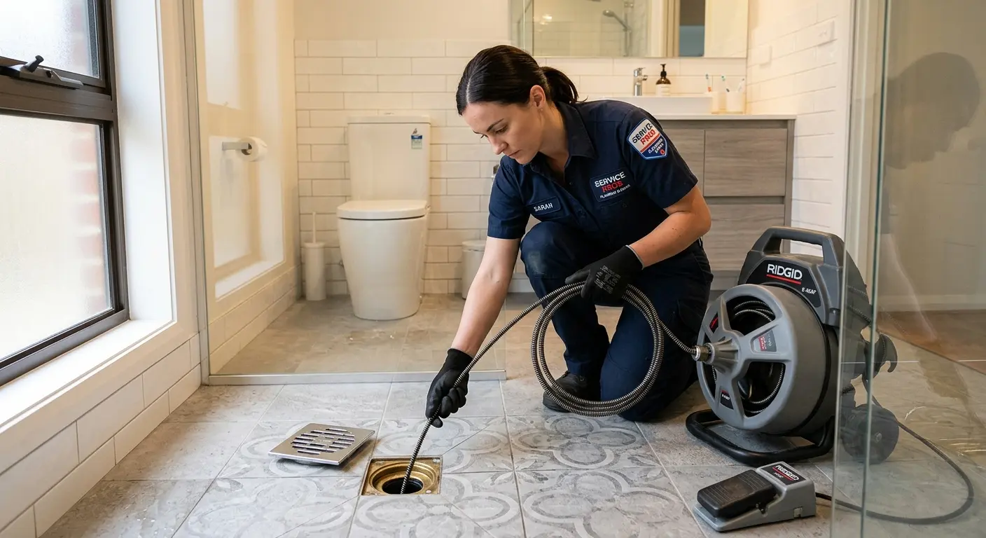 Technician clearing a bathroom floor drain for Sewer Line Replacement in Waimea